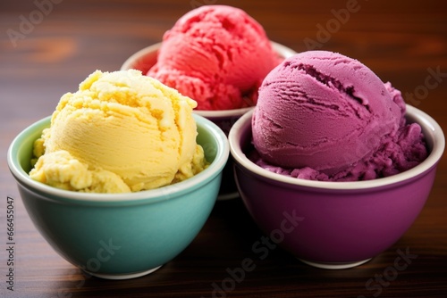 a trio of different-colored ice cream scoops in a bowl