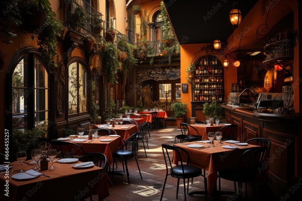 Italian Restaurant. Restaurant interior with tables and chairs. Vintage toned image. Traditional Italian Kitchen.
