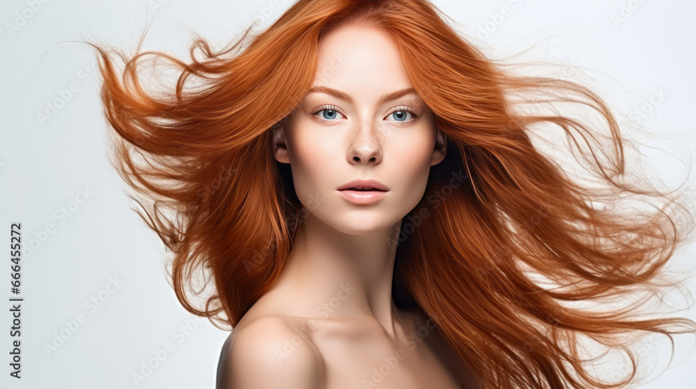 Portrait of young woman with long wavy ginger hair. Hair care, make-up and hair health Portrait of young woman with long wavy ginger hair. Hair care, make-up and hair health