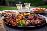 a platter of barbecue meats in a backyard setting