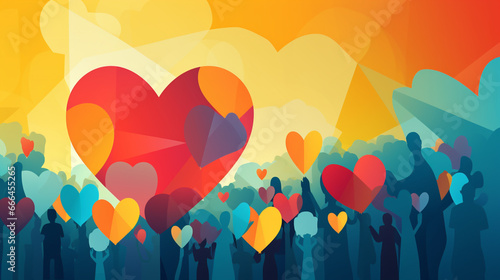 Charity illustration concept with abstract, diverse persons, hands and hearts. photo