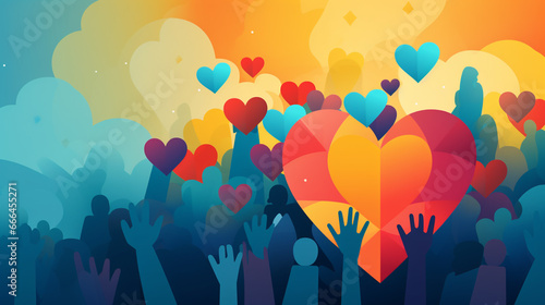 Charity illustration concept with abstract, diverse persons, hands and hearts.