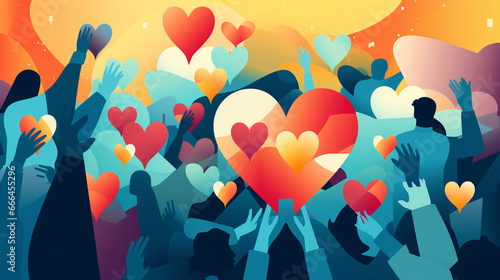 Charity illustration concept with abstract, diverse persons, hands and hearts.