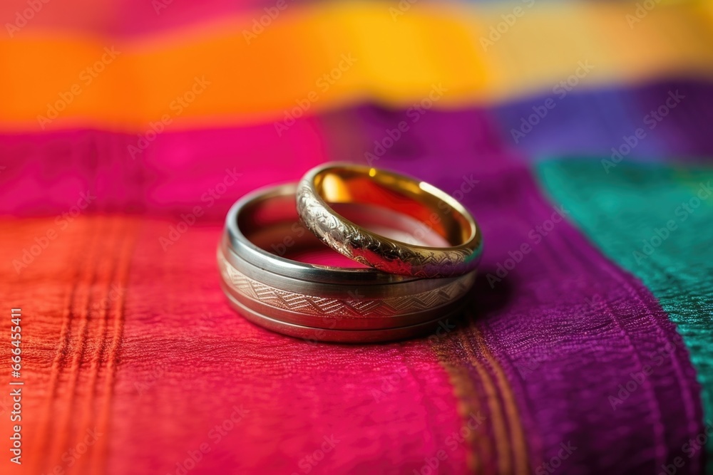 close-up of two male wedding rings on a colorful cushion close-up of two male wedding rings on a colorful cushion