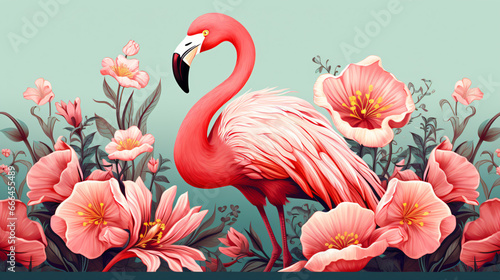 Illustration of a bird flamingo with daisy flowers © Fauzia