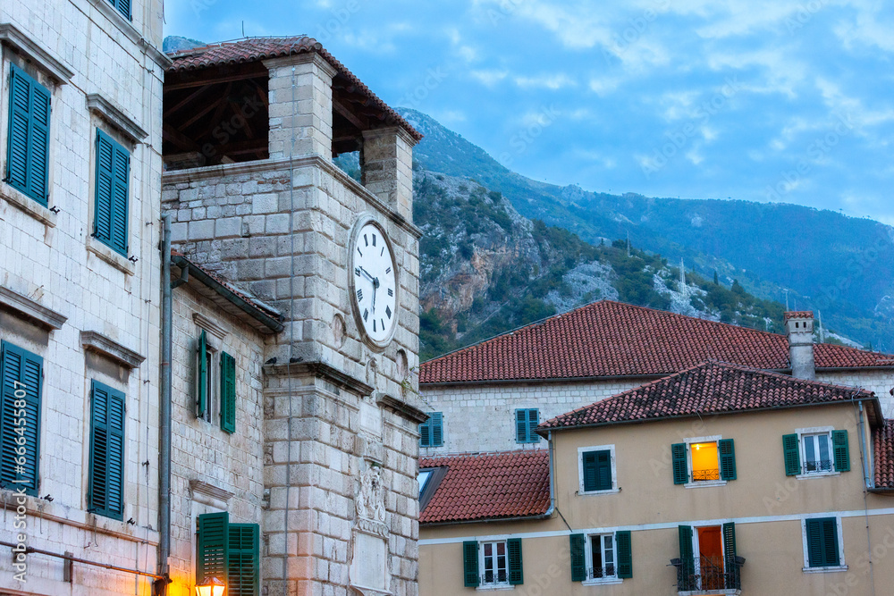 Square of Kotor old town at dusk in Montenegro