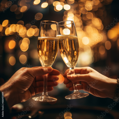 Festive celebration: Toasting with champagne flutes in a joyful atmosphere. With copyspace. © Casther