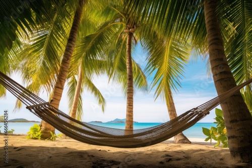 a hammock slung between two tropical palm trees