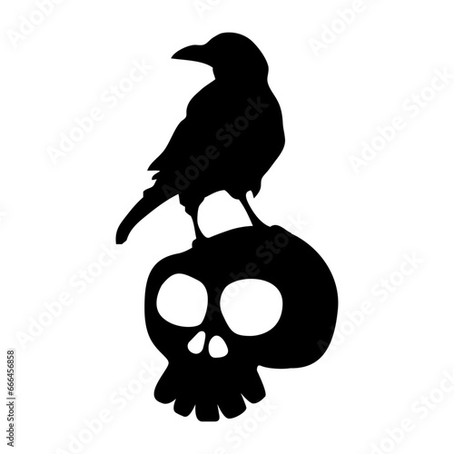 Logo con silueta de cuervo en calavera humana para su uso en invitaciones y tarjetas de Halloween