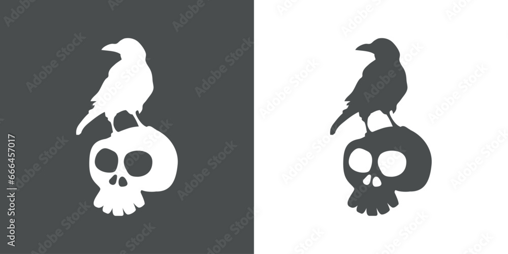 Logo con silueta de cuervo en calavera humana para su uso en invitaciones y tarjetas de Halloween