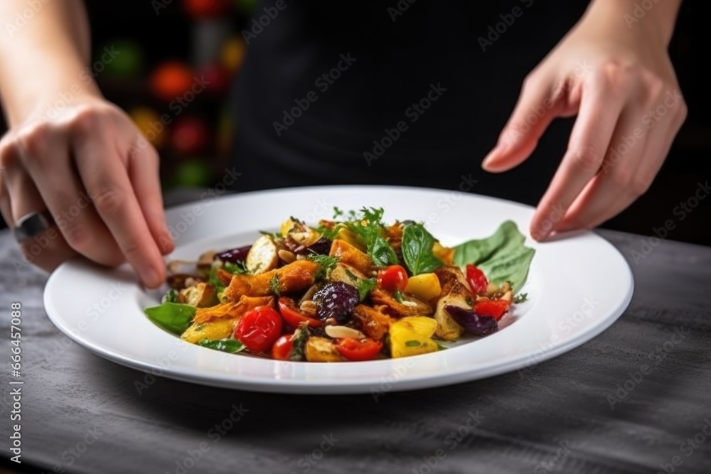 human hand serving a portion of roasted vegetable salad onto a white plate