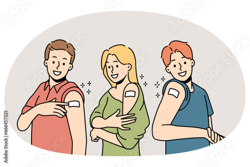 Smiling people showing bandages after vaccination. Happy men and women demonstrate band aids on arm get vaccinated. Healthcare. Vector illustration.