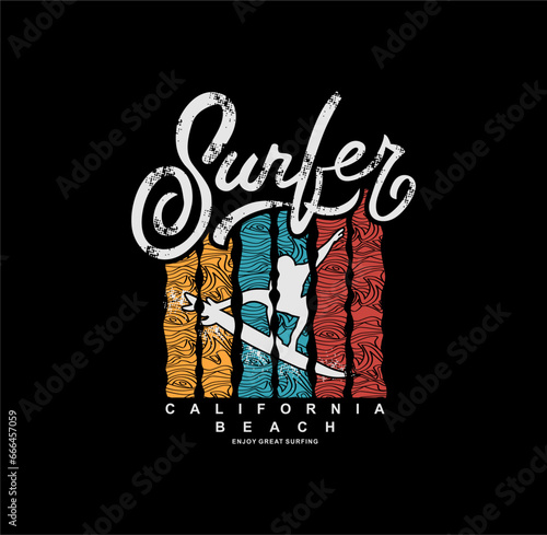 Vector illustration on the theme of surf and surfing in los angeles. Vintage design. Typography, t-shirt graphics, poster, banner, flyer, print, postcard