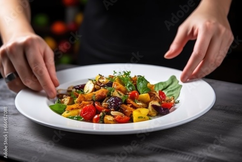 human hand serving a portion of roasted vegetable salad onto a white plate