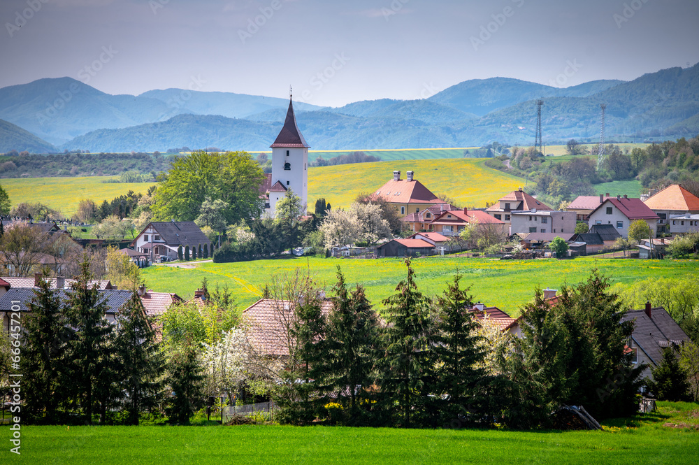 A Picturesque Spring Evening in the Village Landscape. Church in Spring