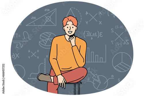 Smiling smart young man sit on chair on mathematics formula background. Successful clever male teacher or tutor near board in class. Vector illustration.