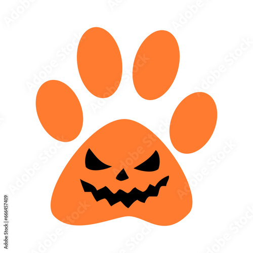 Logo pet friendly. Silueta de zarpa de perro o gato con cara de calabaza de Halloween para su uso en invitaciones y tarjetas
