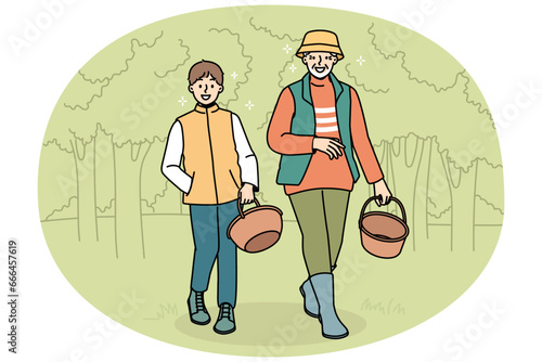 Smiling grandfather and grandson walking in forest with baskets. Happy granddad and grandchild look for mushrooms in wood together. Vector illustration.