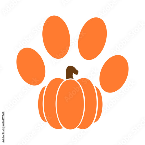 Logo pet friendly. Silueta de zarpa de perro o gato con calabaza para su uso en invitaciones y tarjetas para el día de acción de gracias