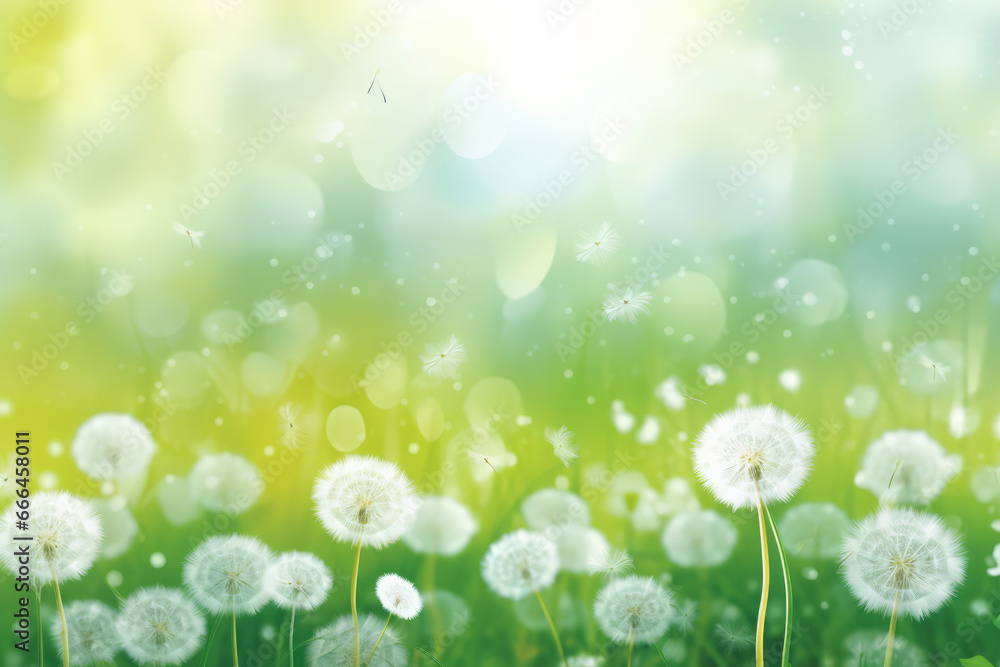 Obraz premium Dandelion fluff. The spring breeze sends the fluff on a journey. We pray for a successful arrival at the destination after overcoming a challenging journey. A concept for spring and travel.