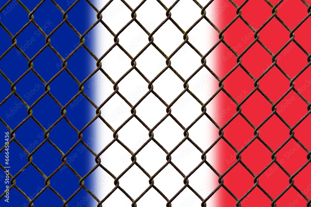 A steel mesh against the background of the flag France. A steel mesh against the background of the flag France.