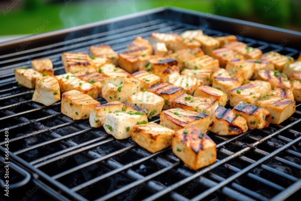 grill basket with marinated tofu cubes on a barbeque grid