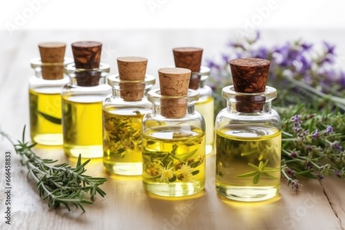 essential oils in small glass containers used for soap crafting