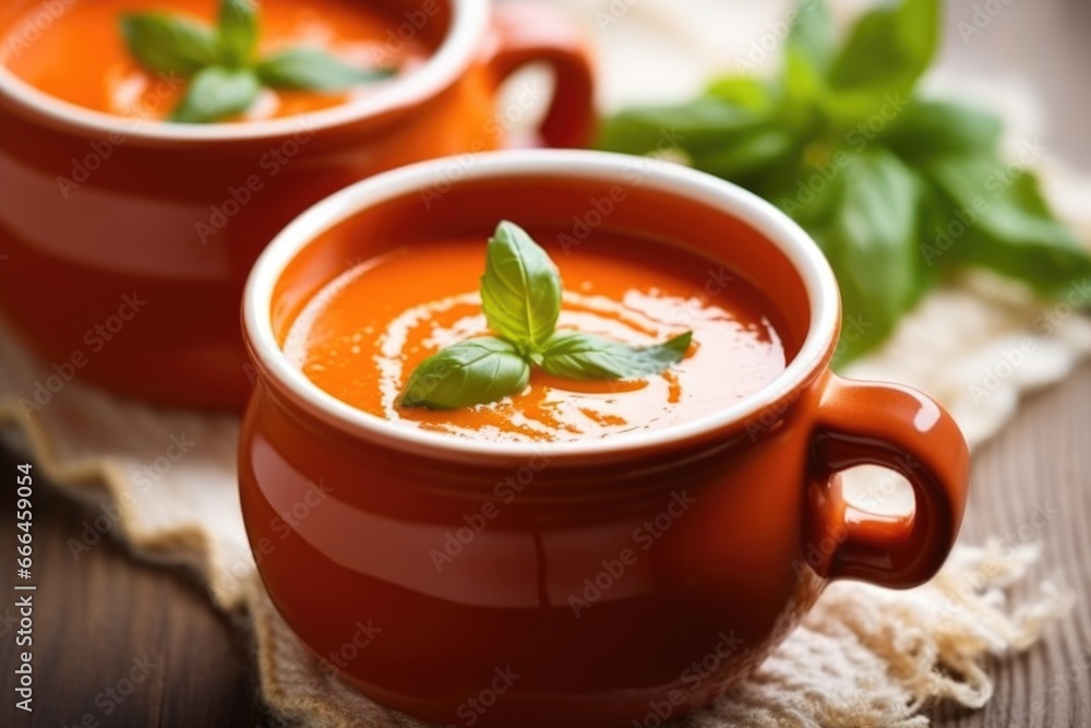 garnishing tomato soup with a sprig of basil garnishing tomato soup with a sprig of basil