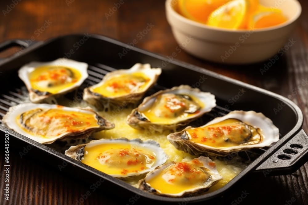 oysters on grill pan, small dish of golden garlic sauce oysters on grill pan, small dish of golden garlic sauce
