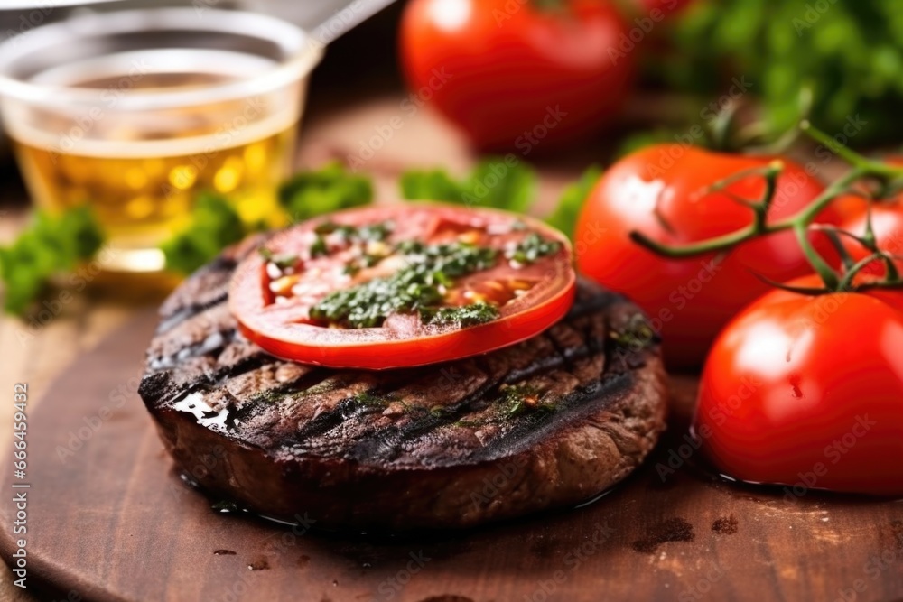 close-up of a juicy, grilled portobello mushroom with a slice of tomato close-up of a juicy, grilled portobello mushroom with a slice of tomato
