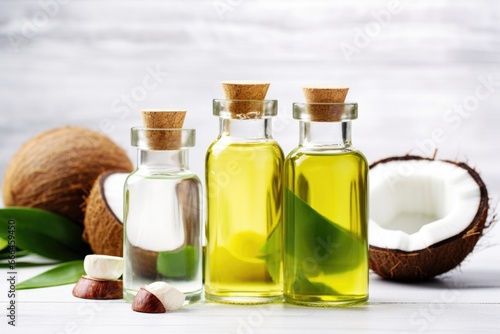 healthy oils: olive, coconut, and avocado oil bottles