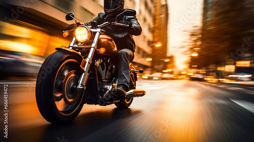 Custom motorbike biker rider on blurred city street