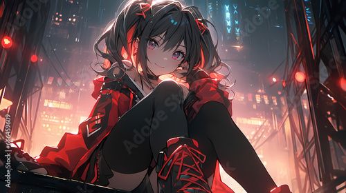 Goth Anime / Manga Girl at Night - (Victorian Era, Gothic Fashion, Corset, Lace, Black, Dark, Makeup, Nails, Eyes, Close Up, Manga girl, Pretty anime girl, Jewellery, Jewelry, Nightlife, Night, Art)