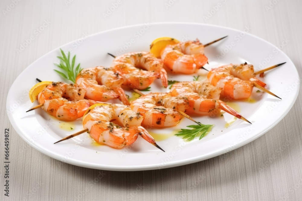 grilled shrimp skewers on a white ceramic plate grilled shrimp skewers on a white ceramic plate