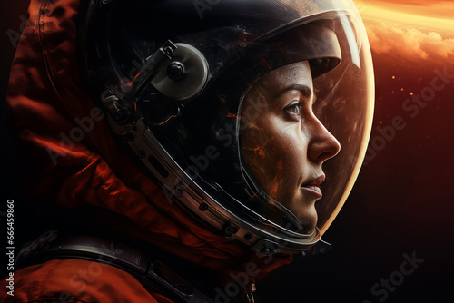 A female astronaut wearing an astronaut helmet in orbit looking around space