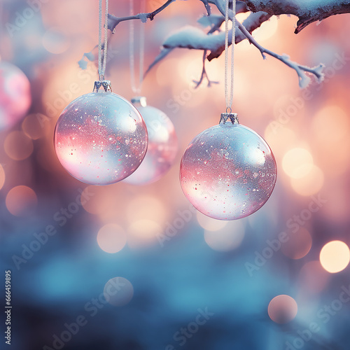 Enchanting Christmas Ornaments in Light Blue and Light Pink with Pearls Around  A Soft and Dreamy Holiday Scene