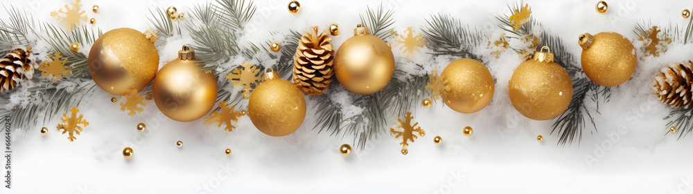 Golden Christmas balls, stars, pine cones and spruce branches in a row covered with snow on white background in winter. Horizontal composition. - obrazy, fototapety, plakaty 