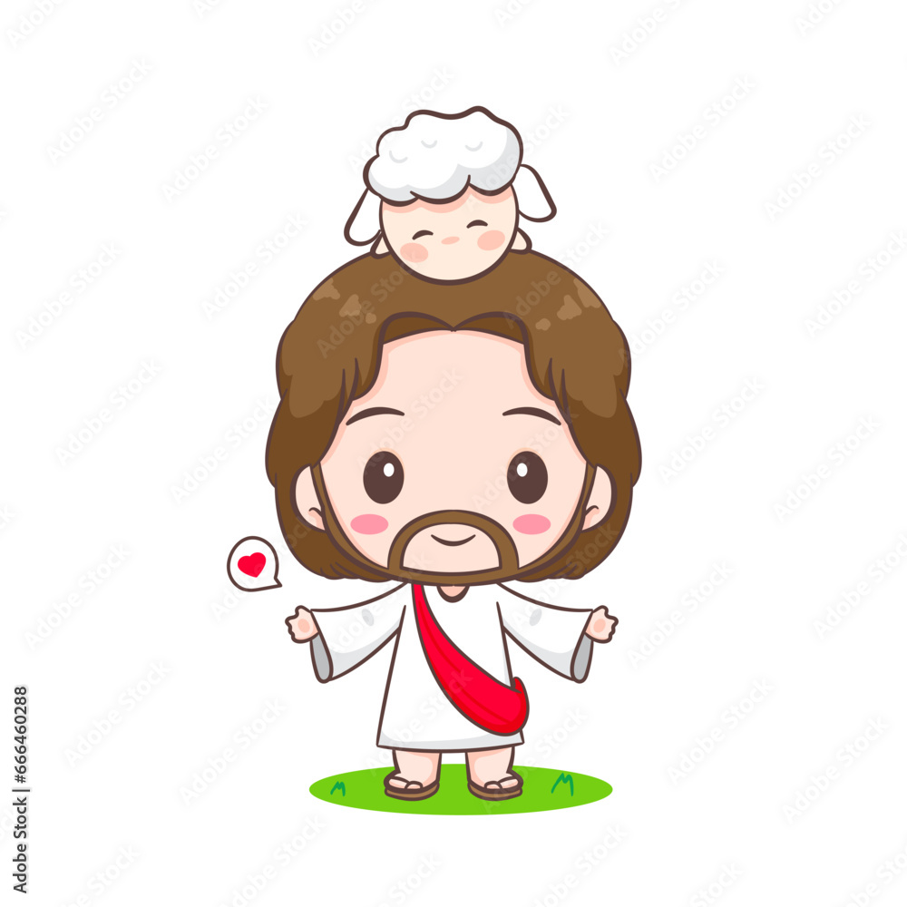 Obraz premium Cute Jesus Christ cartoon character. Christian religion concept design. Hand drawn Chibi character clip art sticker Isolated white background. Vector art illustration