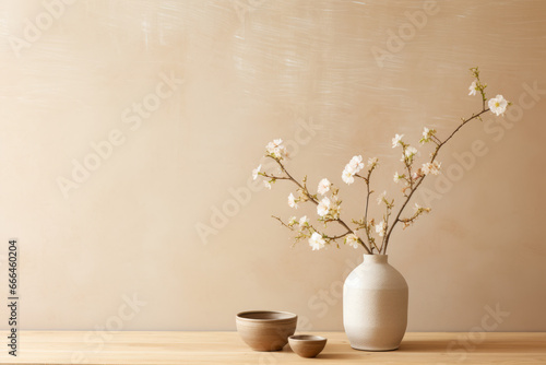Walls in warm neutrals pair with a blend of Japanese and Scandinavian textiles. A Kintsugi-repaired ceramic vase holds wildflowers, representing the beauty in imperfection © GustavsMD