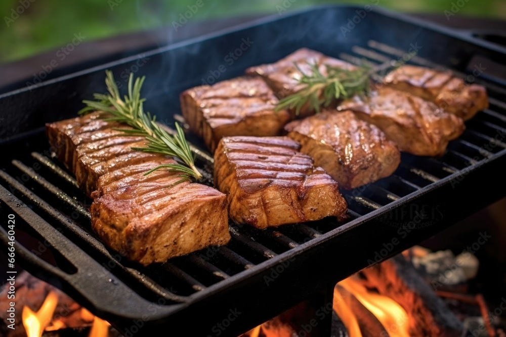seitan steak sizzling on a grill pan