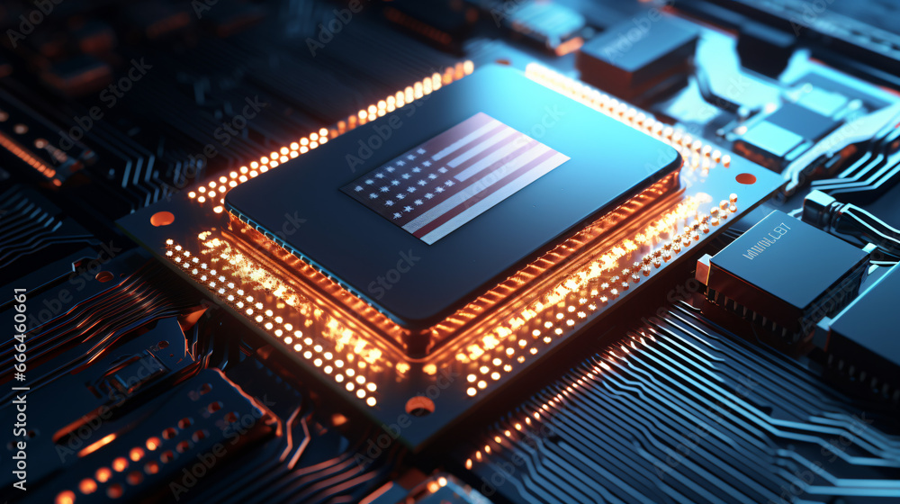 An advanced CPU printed with a flag of USA on a neon