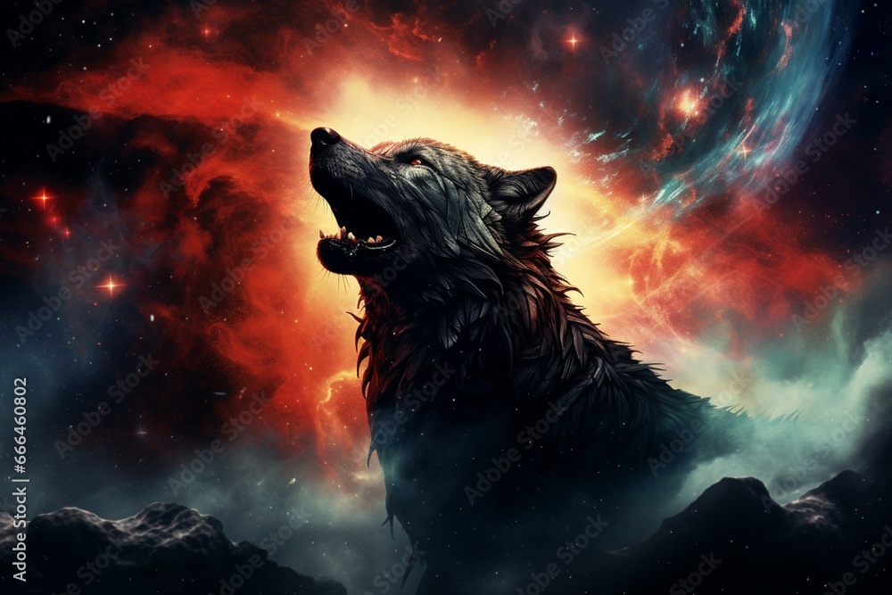 Howling black wolf amidst sprawling galaxy. Generative AI