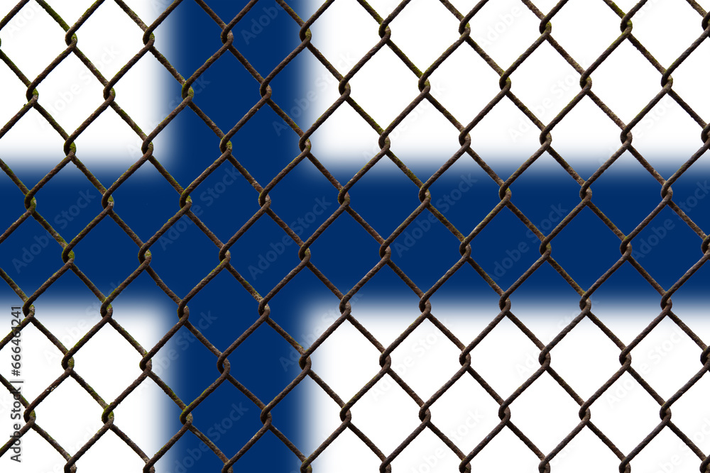A steel mesh against the background of the flag Finland.