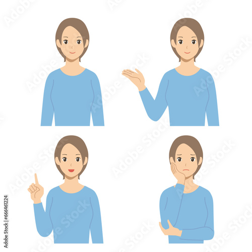 色々なポーズと表情の女性の上半身セット