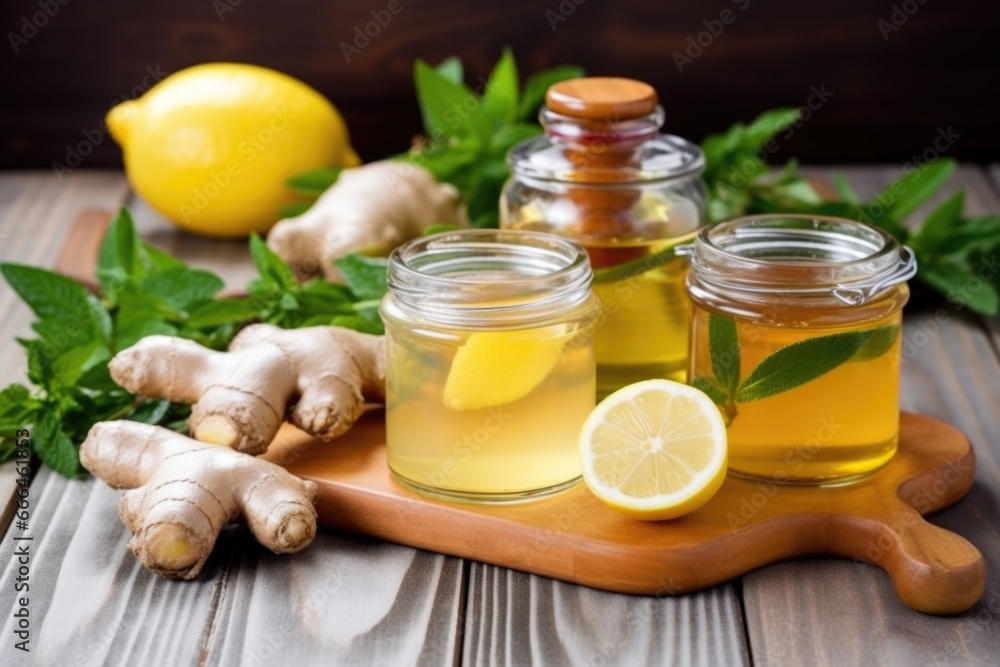 honey jars, lemon and ginger root arranged for herbal tea making honey jars, lemon and ginger root arranged for herbal tea making