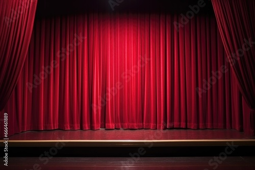 closed red curtain on a stage with spotlight illumination