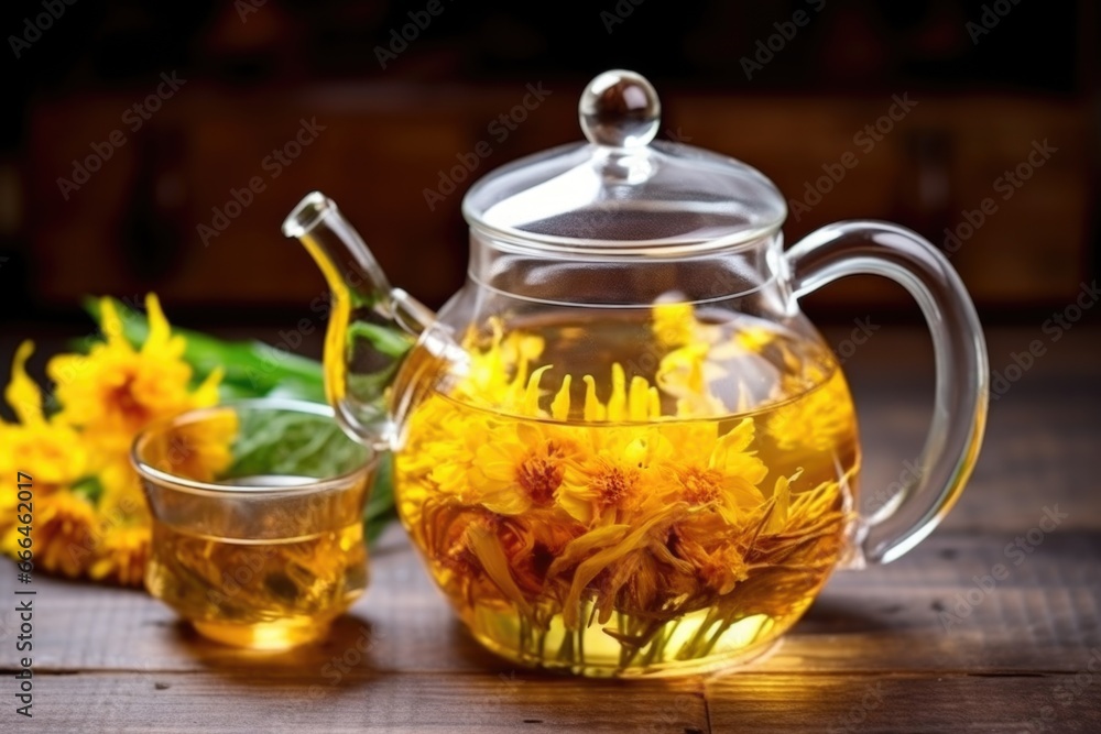 transparent teapot with blooming tea flower inside transparent teapot with blooming tea flower inside