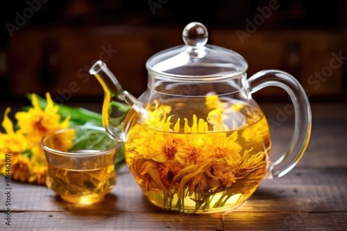 transparent teapot with blooming tea flower inside