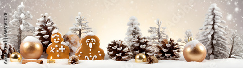 Golden Christmas balls, gingerbread pieces and pine cones in a row covered with snow on white background in winter. Horizontal composition.