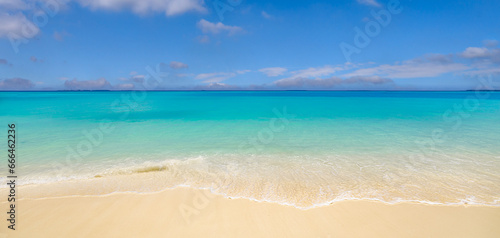 Fototapeta Naklejka Na Ścianę i Meble -  Closeup sea waves sand beach. Panoramic beach landscape. Inspire tropical island coast seascape horizon. Sunny summer popular destination background. Idyllic best travel vacation seaside beachfront